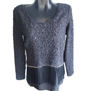 Frank Lyman Black And Silver Textured Knit Long Sleeve Fringe Detailed Top 10